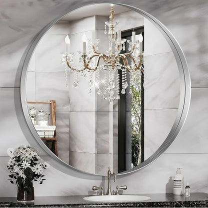 Silver Round Mirror 36 inch Deep Frame Circle Mirror, Metal Framed Bathroom Mirror, Round Vanity Mirror, Circle Mirrors for Wall Entryway Bedroom Living Room Hallway