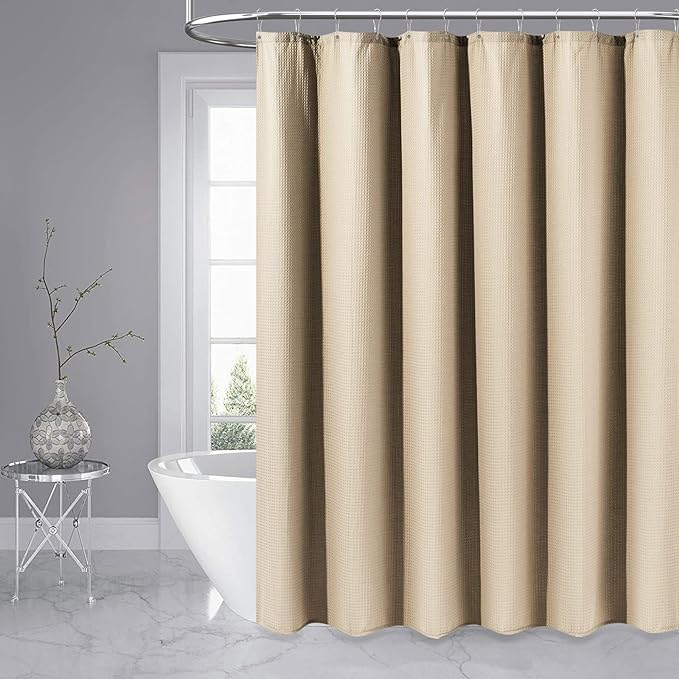 Stall Waffle Shower Curtain 256 GSM Heavy Fabric 60x72 Beige/Khaki | 60 Inch Wide, Thick Cloth, Weighted Hem, Water Repellent, Hotel Luxury Polyester Shower Curtain Set for Bathroom 10 Hooks