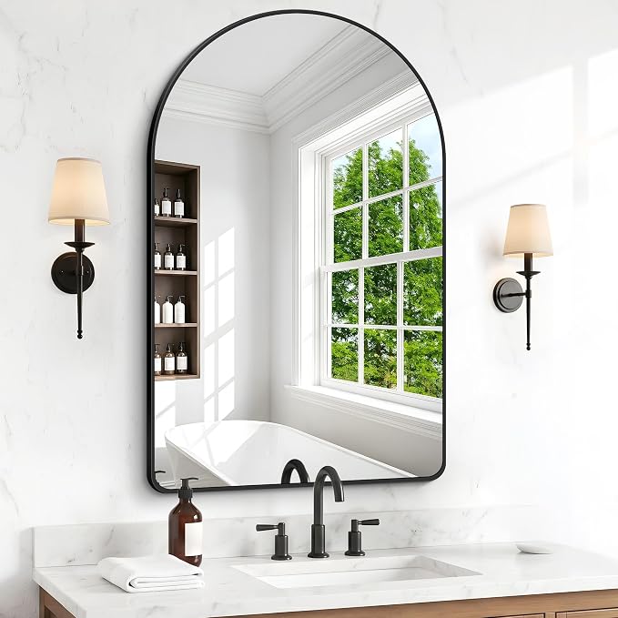 BONEWEI Arched Wall Mirror,32x48 inch Black Arched Mirror Bathroom,Large Vanity Mirror for Over Sink Metal Frame,Tempered Glass Arch Mirrors for Bedroom,Entryway,Living Room,Home Decor Shatter-Proof