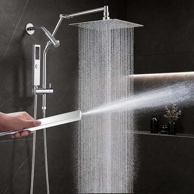 All Metal 10" Shower Head with Handheld, Built-in Power Jet Mode | Luxurious, Square, Rain Shower Heads with Spray Combo Set, High Pressure, Dual, Rainfall, with Extension Arm, Chrome