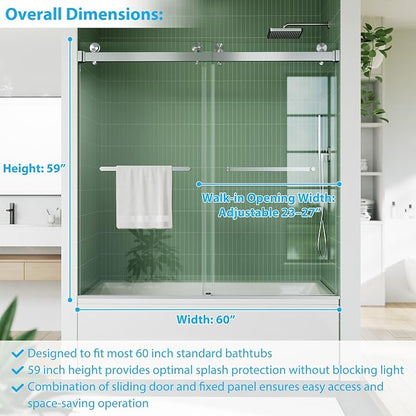 GarveeLife Frameless Glass Shower Doors for Tub 56-60”W×59”H, Double Sliding Glass Shower Door with Square Stainless Steel Rail, 6mm Tempered Glass, Brushed Finish
