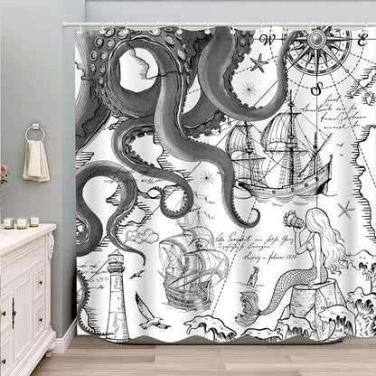 Fungarth Black Gray Nautical Octopus Shower Curtain Grey Mermaid Funny Ocean Kraken Shower Curtains for Bathroom Cool Anchor Coastal Map Waterproof Fabric Bath Curtain with Hooks (Gray, 72” x 72”)
