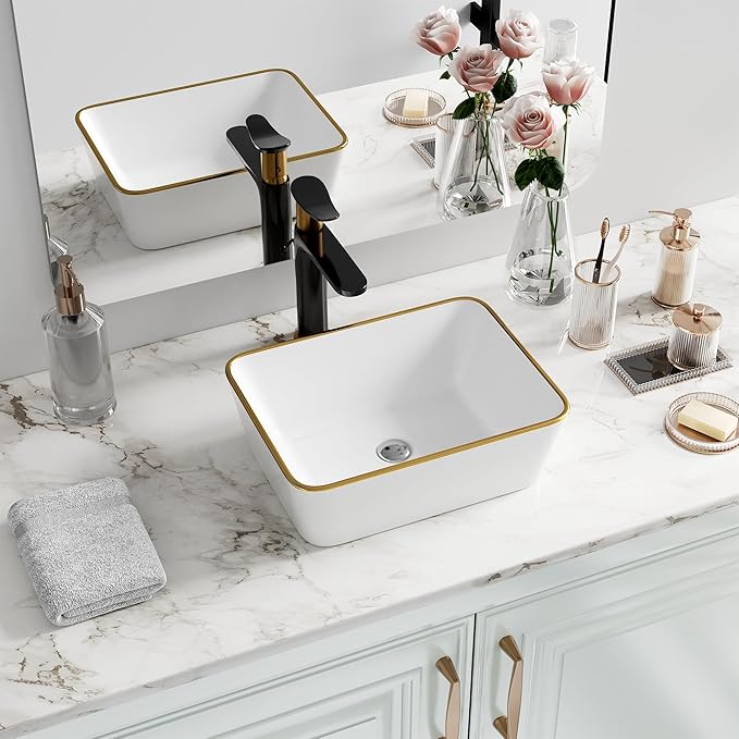 Bathroom Vessel Sink Rectangle, Hugsleek 16 x 12 inch White Porcelain Ceramic Vessel Sink with Gold Rim Above Counter Rectangular Bath Sink Bowl Basin Lavatory Vanity Sinks Restroom Countertop