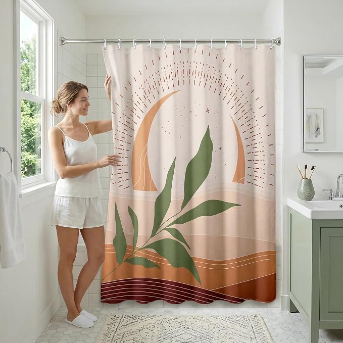 Americanflat 71x74 Boho Shower Curtain - Water-Resistant Long Shower Curtain with Durable Metal Grommets and 12 Hooks - 100% Polyester - Sage Green, Terracotta, Blush Pink and Rust Red