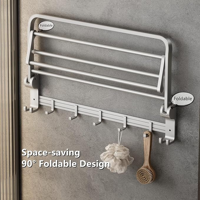 Towel Rack Wall Mount for Bathroom with Towel Bar and Hooks 23.6 in Foldable Towel Shelf Lavatory Towel Organizer Matte Silver