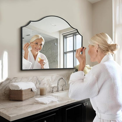 Besdomus Black Scalloped Dresser Mirror: 35"x26" Wooden Bathroom Mirror | Modern Minimalist Decorative Arched Wall Mirror for Vanity/Mantel/Bedroom/Entryway/Fireplace/Nightstand/Dining Room/Over Sink