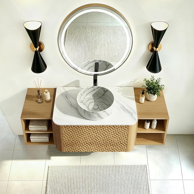 54 Inch Modern Bathroom Vanity with Ceramic Sink, Floating Bathroom Sink Cabinet with Sintered Stone Top&Solid Wood Hammered Frame, Single Bathroom Vanities w/Soft-Close Drawer&2 Side Open Cube