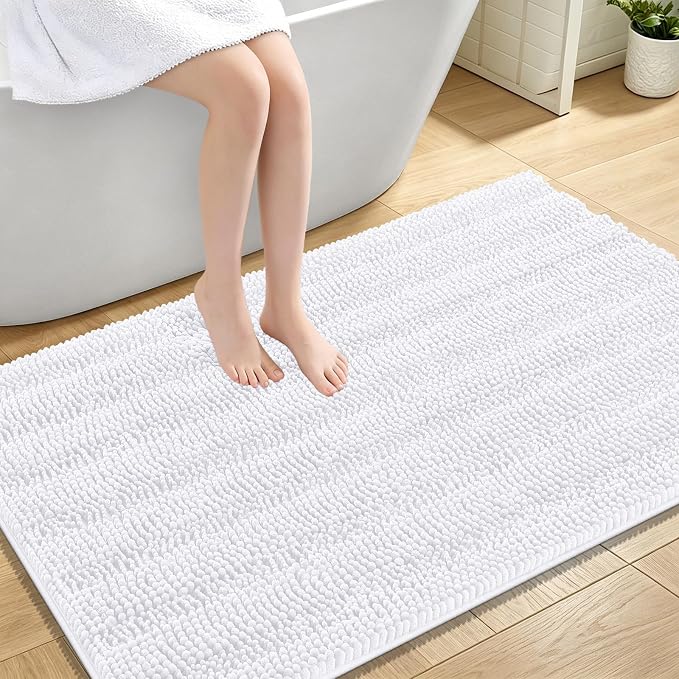 OLANLY Thick Large Bathroom Rugs 47x32, Soft Chenille Bath Rugs, White | Absorbent Striped, Rubber Backing, Machine Wash Dry, Bath Mats for Bathroom Floor, Tub and Shower, Home Decor Accessories