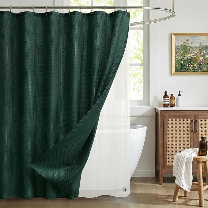 Siiluminisoy Shower Curtain and Liner Set, Waffle Shower Curtain Set with 12 Stainless Steel Hooks, Waterproof Luxury Fabric Shower Curtains for Bathroom and Hotel, Dark Green, 72" W x 84" H