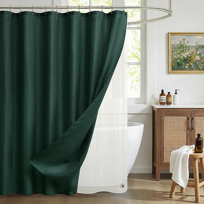 Siiluminisoy Shower Curtain and Liner Set, Waffle Shower Curtain Set with 12 Stainless Steel Hooks, Waterproof Luxury Fabric Shower Curtains for Bathroom and Hotel, Dark Green, 72" W x 84" H