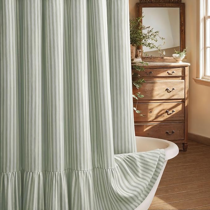 Farmhouse Shower Curtain Ruffle Linen White-Green Stripe 72"W x 72"L | Farmhouse Boho, Striped, Bottom Ruffle, Cotton Fabric, Rustic, Country, Natural Look, Washable, for Bathroom Bathtub
