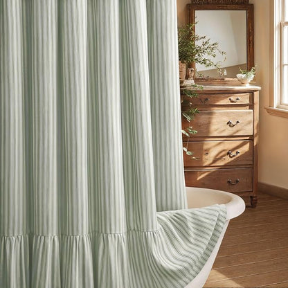 Farmhouse Shower Curtain Ruffle Linen White-Green Stripe 72"W x 72"L | Farmhouse Boho, Striped, Bottom Ruffle, Cotton Fabric, Rustic, Country, Natural Look, Washable, for Bathroom Bathtub