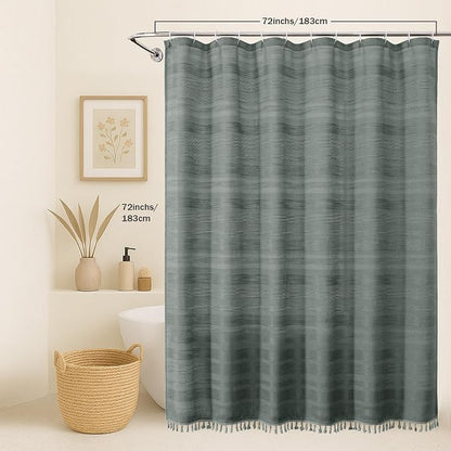 Light Grey Shower Curtain for Bathroom, Boho Linen Textured Shower Curtain with Tassel, Rustic Striped Heavy Duty Vintage Country Bathroom Curtain, 72Wx72L Inches