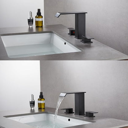 Bathroom Faucet 3 Hole Black 8 inch Widespread Waterfall with Pop Up Drain | 2 Handle Bathroom Sink Faucet with Water Supply Hoses Modern Vanity Lavatory Basin Faucet Commercial