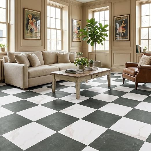 Peel and Stick Floor Tiles | Light Green Marble 30 Sq.Ft | Stone Texture / Anti-Slip /Surface Coated / Recycle Material / Waterproof / Indoor Area /Diy Installation