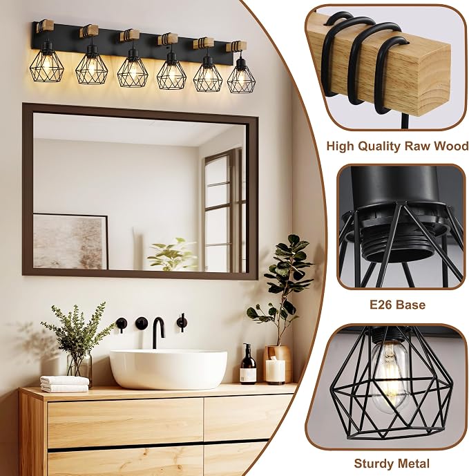 maesta 6 Light Bathroom Vanity Light, Farmhouse Black Fixture Over Mirror | Farmhouse Bathroom Light Fixtures, Wood & Metal, Anti-Rust, Easy to Install for Rustic Bathroom Hallway