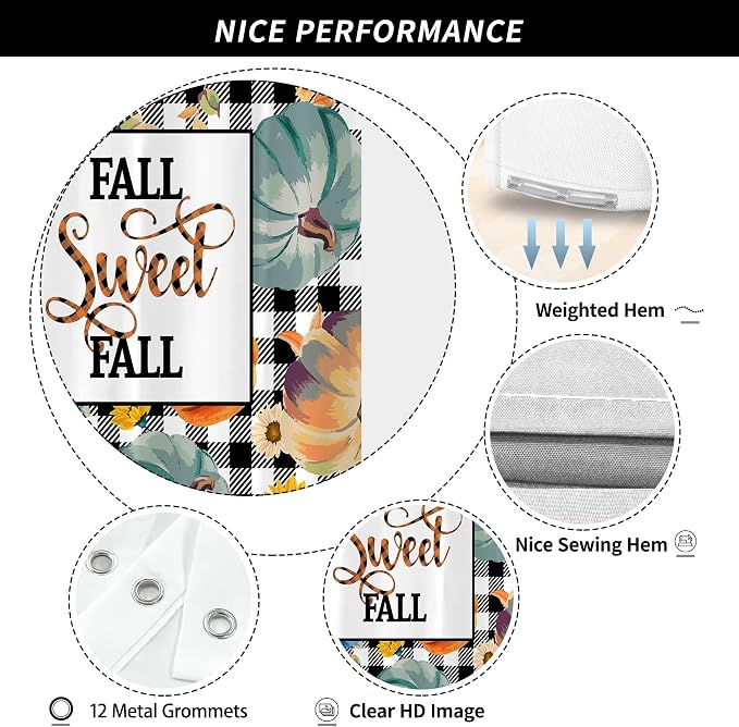 Fall Pumpkin Harvest Autumn Shower Curtain for Bathroom 72W*72H Inch Thanksgiving Rustic Black White Buffalo Plaid Maple Bathtub Autumnal Decor Waterproof Polyester Fabric Set with 12 Hooks