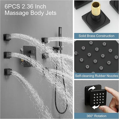 BWE Black Shower System with Body Jets,10 Inch Rain Shower Head with 6 Body Spray Jets and Handheld Shower,Wall Mounted Shower Faucet Set,Rough-in Mixer Valve and Trim Included