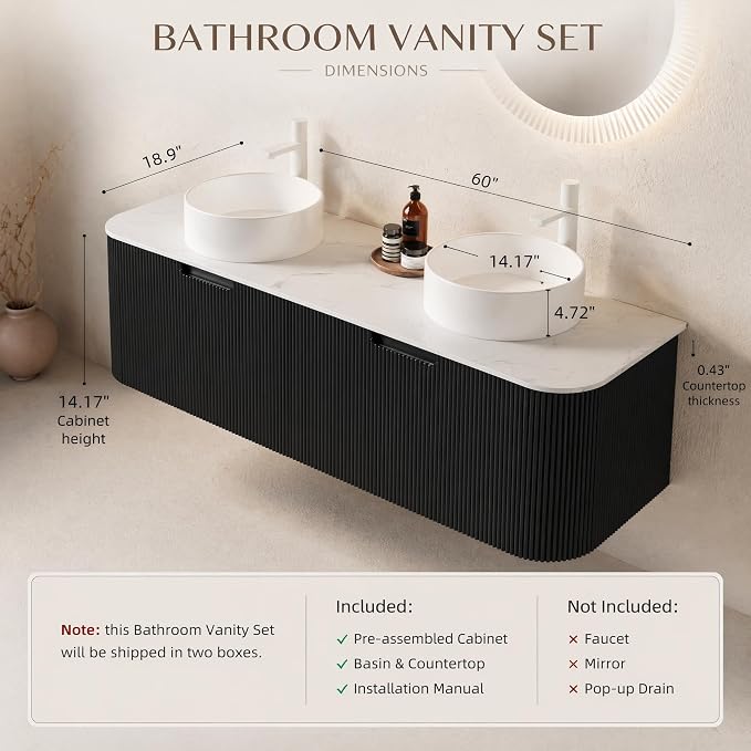 60 Inch Double Sink Bathroom Vanity, Floating Wall Mounted Cabinet, Black Curved Fluted Front, Stone Top, Dual Pure White Round Vessel Basins, Pre-Assembled