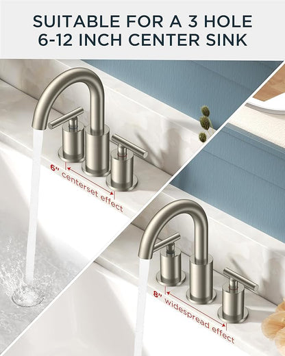 FORIOUS Brushed Nickel Bathroom Faucet 3 Hole with Metal Pop Up Drain and 24" Supply Hose, 2 Handle 8 Inch Widespread 3 Hole Vanity Faucet for Bathroom Sink Brush Nickel with 360° Swivel Spout
