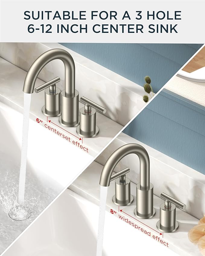 FORIOUS Brushed Nickel Bathroom Faucet 3 Hole Vanity with Metal Pop Up Drain and 24" Supply Lines, 2 Handle 8 Inch Widespread Faucet for Bathroom Sink 3 Hole Brushed Nickel with 360° Swivel Spout