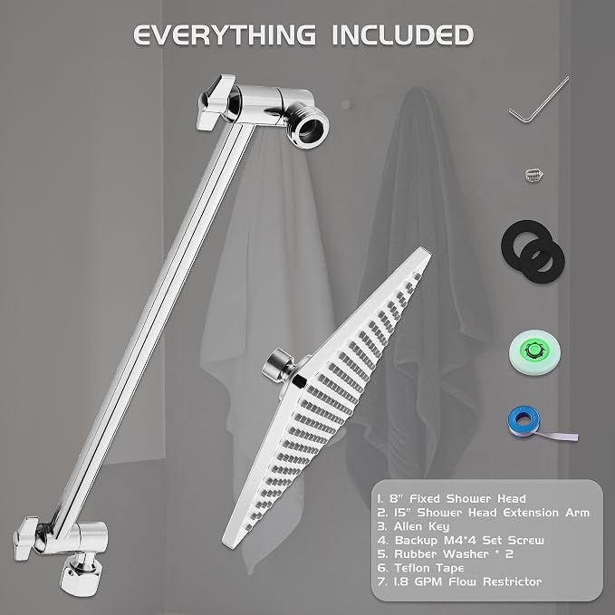 Rain Shower Head, 8'' High Pressure Rainfall Square Showerhead with 15'' Shower Head Extension Arm, 304 Stainless Steel Adjustable Shower Arm Extender, Rainfall Waterfall Fixed Showerheads, Chrome