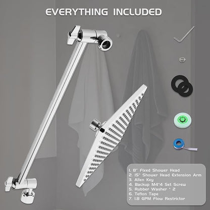Rain Shower Head, 8'' High Pressure Rainfall Square Showerhead with 15'' Shower Head Extension Arm, 304 Stainless Steel Adjustable Shower Arm Extender, Rainfall Waterfall Fixed Showerheads, Chrome