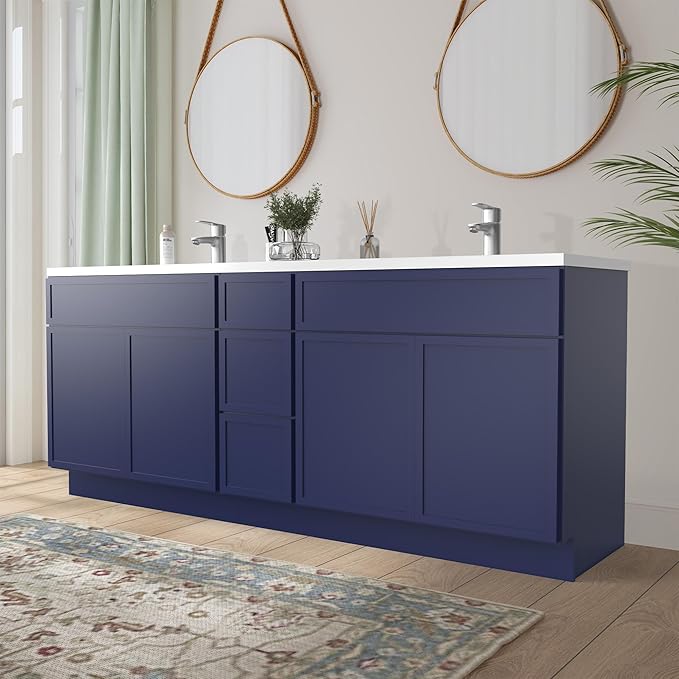 HomeBeyond 90 Inches Bathroom Vanity Base Cabinet Without Sink, Double Sink Top Sturdy Floor Mounted Cabinet with Door & Soft Closing Drawers, Blue, VA4139-2+VA4112-3