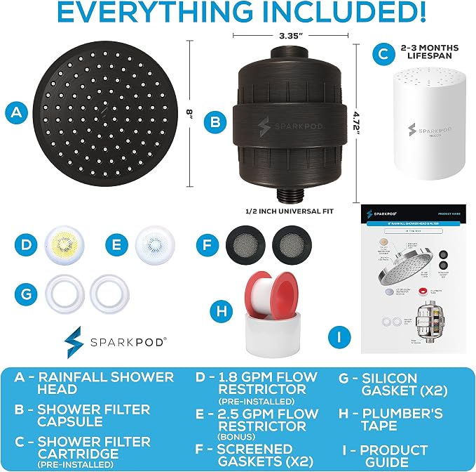 SparkPod Filtered Shower Head, 23-Stage, 8" Round, Oil-Rubbed Bronze | Showerhead for Hard Water, High Pressure, Reduces Chlorine, Heavy Metals, For Dry Skin & Hair, Removable Capsule Filter