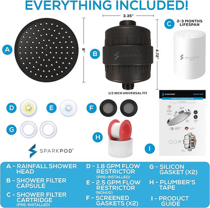 SparkPod Filtered Shower Head, 23-Stage, 8" Round, Oil-Rubbed Bronze | Showerhead for Hard Water, High Pressure, Reduces Chlorine, Heavy Metals, For Dry Skin & Hair, Removable Capsule Filter