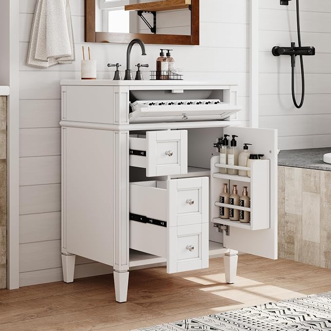 Merax 24 Inch Bathroom Vanity with Ceramic Sink, Solid Wood Frame Modern Bathroom Sink Storage Cabinet with 2 Drawers and a Tip-Out Drawer, Single Sink Bathroom Vanities, White