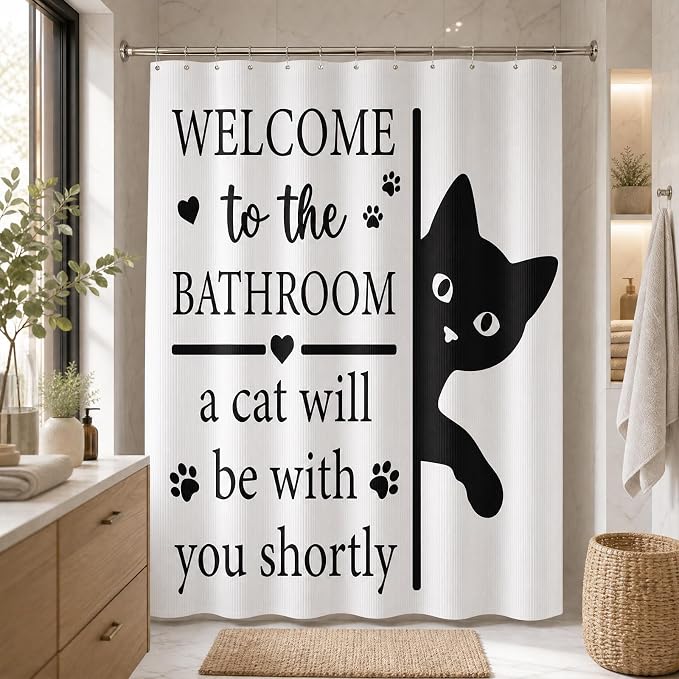 Funny Cat Shower Curtain, Fun Cartoon Black Cat Bath Curtain | 72x72 Inches, Waterproof Polyester Fabric, Welcome to the Bathroom Decor for Home Decorations, Includes 12 Hooks