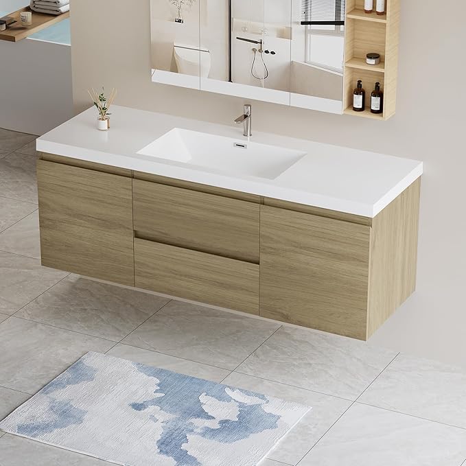 Wall Mounted 60 Inch Bathroom Vanity with Sink, Floating Vanity Bathroom, Single Sink Bathroom Vanity, 2 Drawers, 2 Soft Closing Doors, Resin Integrated Sink (Natural Oak)