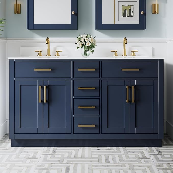 60-Inch Bathroom Vanity with Double Sinks W/ 4 Doors & 4 Drawers & 2 Flip Drawers, Navy Blue Vanity W/Brushed Gold Handles
