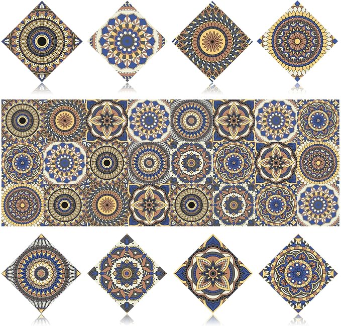 24 PCS Bohemian Floral PVC Peel and Stick Tile Stickers | for Kitchen Bathroom RV, Waterproof Self-Adhesive Removable Backsplash Decals, Easy DIY Upgrade, Smooth Surfaces, 5.91x5.91in