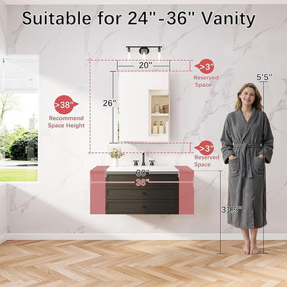 20x26 Medicine Cabinet with Mirror, 6 Adjustable Tempered Glass Shelves, Matte Black Aluminum Bathroom Storage, Soft-Close DTC Hinges, Surface or Recessed Mount, Tempered Beveled Mirror
