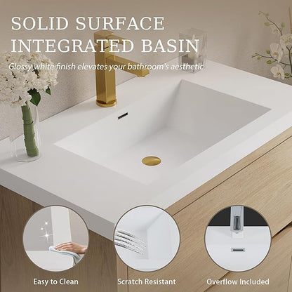 Modern 36" Wall-Mounted Bathroom Vanity with Sink | Floating Storage Cabinet, Stone Resin Countertop, Soft Close Drawers | Natural Oak