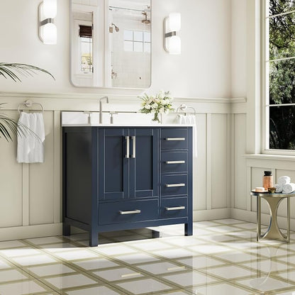 36-Inch Bathroom Vanity with Sink, 2 Soft-Close Doors and 5 Soft-Close Drawers, Bathroom Freestanding Vanity with Cultured Marble Countertop, Navy Blue Vanity with Brushed Nickel Handles