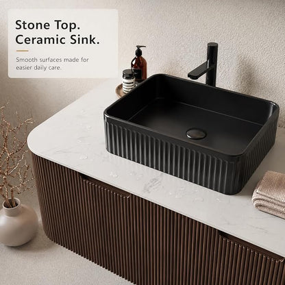 48 Inch Bathroom Vanity with Sink, Floating Wall Mounted Single Sink Vanity, Dark Walnut Curved Fluted Front, Stone Top, Black Textured Rectangular Vessel Basin, Pre-Assembled