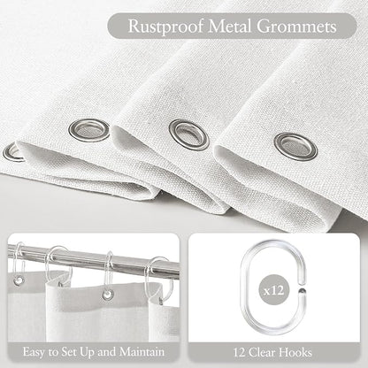 Linen Scallop Shower Curtain with 12 Clear Hooks, Waterproof, 72x84, White | Cute Washable Heavy Duty Thick Fabric with Black Border, Neutral Modern Farmhouse Boho Décor
