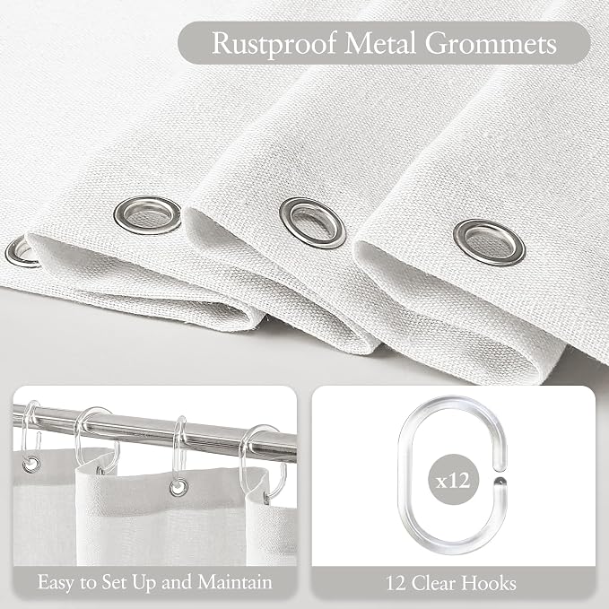 Linen Scallop Shower Curtain with 12 Clear Hooks, Waterproof, 72x72, White | Waterproof Heavy Duty Thick Fabric with Black Border, Neutral Boho Farmhouse Bathtub Shower Curtain