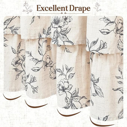 Yinhua Extra Long Farmhouse Ruffle Shower Curtains for Bathroom, 72" Wx84 L | Black Floral Print, Ruflle Design, 12 Metal Hooks, Vintage Rustic Washable Waterproof Shower Curtain for Bathroom Bathtub