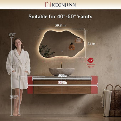 Keonjinn Irregular Backlit Bathroom Mirror 40 x 24 Inch, HD Tempered Glass | Asymmetrical Cloud LED Bathroom Mirror, 3000K/4500K/6000K, Dimmable, Fast & Safe Defog, Memory Function, Horizontal/Vertical