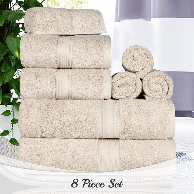 SUPERIOR Egyptian Cotton Ultra Plush & Absorbent, 8 Piece Set, Cream | Quick Dry, Soft Luxury Towel Set, Bath Essentials, Guest Bath, Spa, 2 Bath, 2 Hand, 4 Face Towels, Madeline Towels