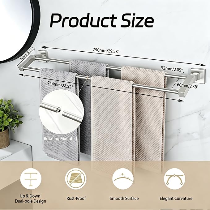 Alise Double Towel Bar,28" Towel Rack for Bathroom Wall Mount,Brush Nickel | SUS304 Stainless Steel Bathroom Towel Holder, Quick Drying Towel Hanger Towel Rod, Useable Length 26.9"