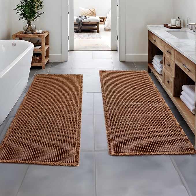 MIULEE Set of 2 Waffle Bathroom Runner Rugs Caramel 2'x6'(24"x72") | Non Slip, Super Absorbent, Washable, Ultra Soft, Boho Bath Mats for Bathroom Hallway Bedroom Laundry Room Kitchen