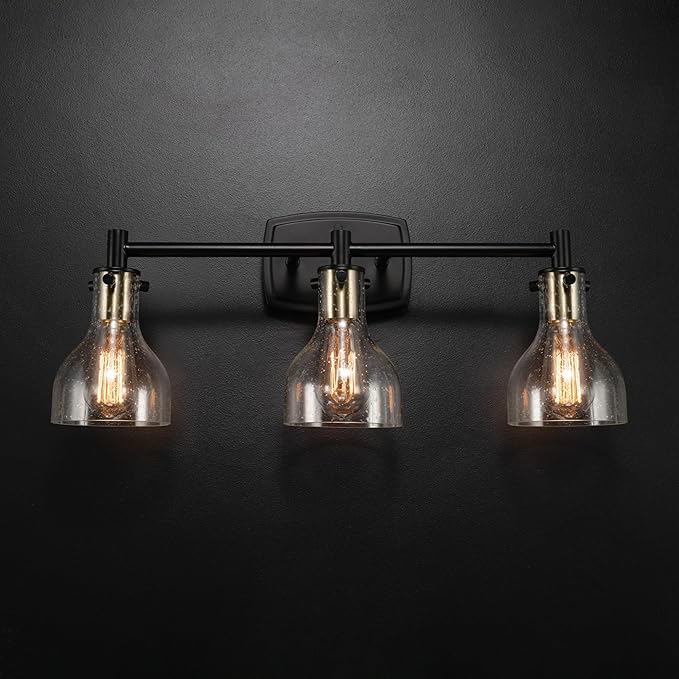 GLOBE Electric 63000062 5-Piece All-in-One Bathroom Set, Matte Black & Brass, 3-Light Vanity Light, Seeded Glass, Towel Bar, Toilet Paper Holder, Towel Ring, Robe Hook, Bathroom Lights Over Mirror