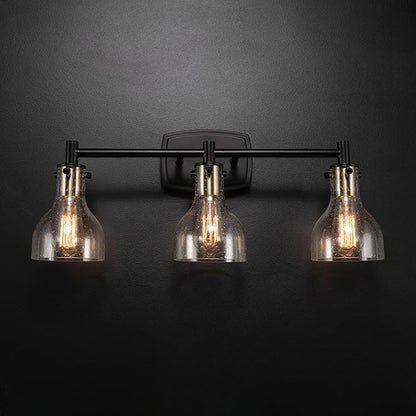 GLOBE Electric 63000062 5-Piece All-in-One Bathroom Set, Matte Black & Brass, 3-Light Vanity Light, Seeded Glass, Towel Bar, Toilet Paper Holder, Towel Ring, Robe Hook, Bathroom Lights Over Mirror