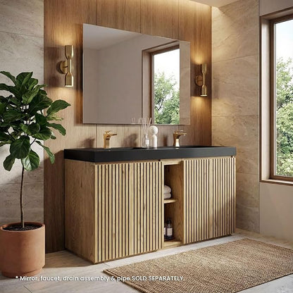 60" Double Bathroom Vanity with Sink Combo, Mid Century Modern Bathroom Cabinet with Doors & Shelves, Matte Black Integrated Sink with Overflow, Light Oak