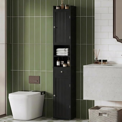 ChooChoo Tall Bathroom Storage Cabinet with Drawer, 11.8" x 11.8" x 70.8" | Narrow Storage Cabinet, Freestanding Cupboard for Small Spaces, Black